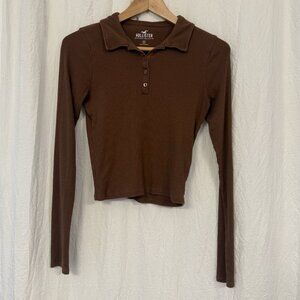 Hollister Brown Long Sleeve Ribbed Knit Crop Y2K Style Top - Size Medium
